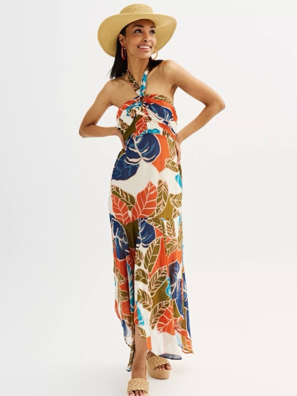 Nine West Floral Halter Maxi in Navy, Olive & Coral